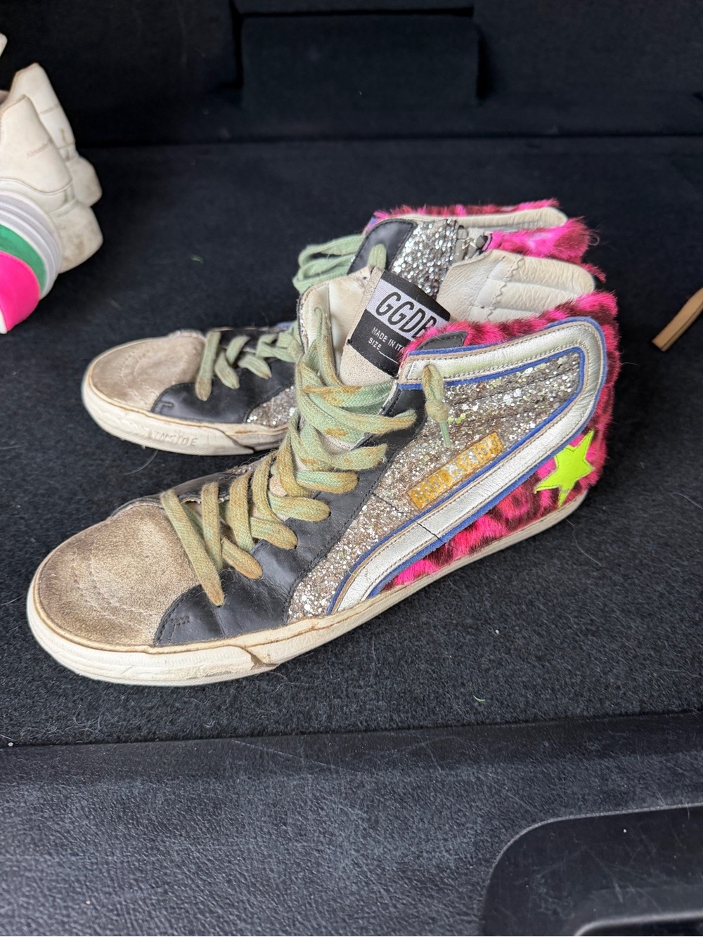 Golden Goose Pink Leopard Faux-Fur & Silver Glitter High-Top Sneakers